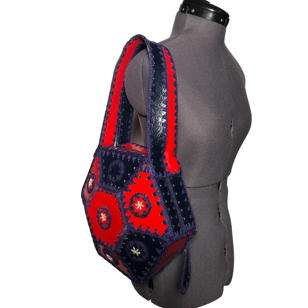 Vtg‎ 1970s Boho Purse Crochet Hexagon Patchwork Leather Handbag Hippie Red Blue